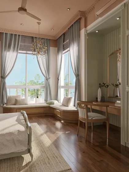 A bay window with built-in seating provides a charming spot to relax and enjoy the natural light. The design includes a dedicated vanity area, making the guest room both comfortable and highly functional.