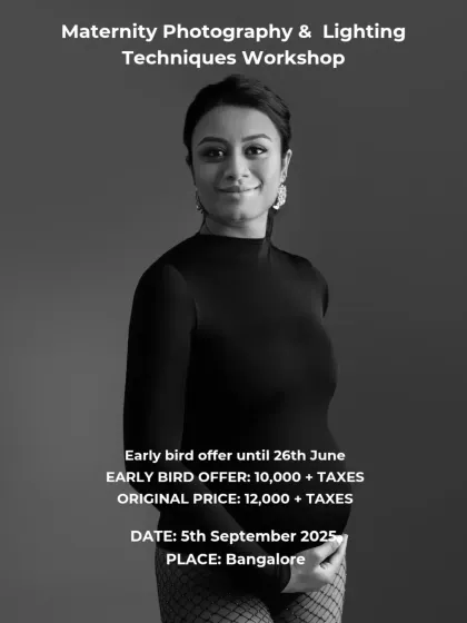 A promotional graphic for the Maternity Photography & Lighting Techniques Workshop, with early bird pricing.