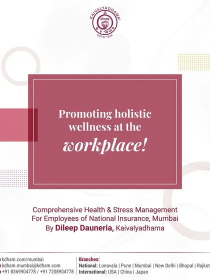 A branded graphic detailing our comprehensive health and stress management session. We offer structured programs led by our experienced faculty to address the specific wellness needs of corporate teams.