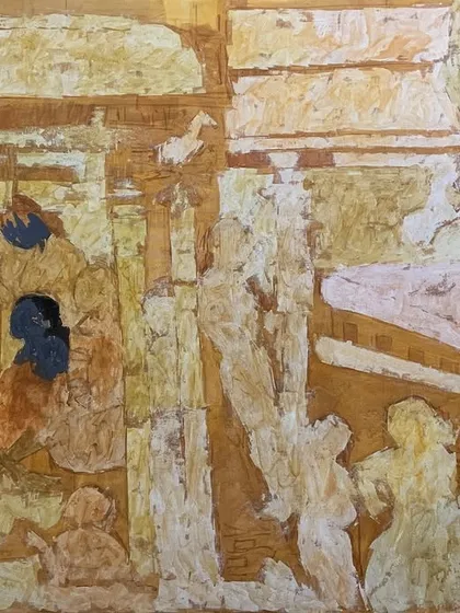 An early stage of the "Ajanta" painting, showing the underpainting and initial color blocking.