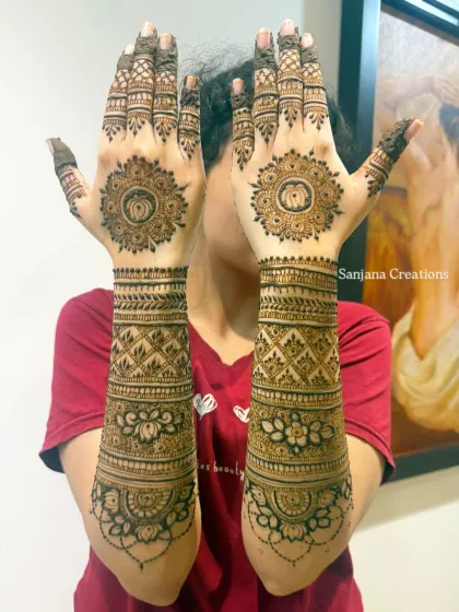A stunning, full-arm design for Ganesh Chaturthi. The central mandala features a lotus, and the arms are covered in intricate traditional patterns.
