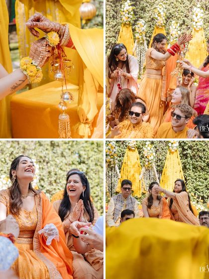 A four-part collage capturing the rituals and laughter of a Haldi ceremony, from the tying of kaleeras to the shared joy with family.