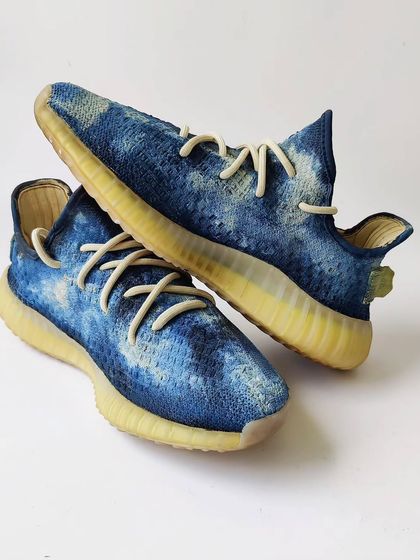 Another shot of the hand-painted Indigo Yeezys. The knit texture of the shoe was a challenge, but I love how the colour settled into the fabric.
