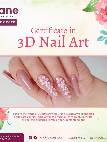An informational graphic about my Certificate in 3D Nail Art course, showcasing a beautiful example of 3D floral work.