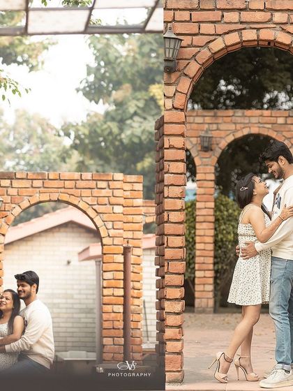 A collage showcasing a couple's pre-wedding shoot in a charming, rustic location with brick arches, capturing both seated and standing romantic poses.