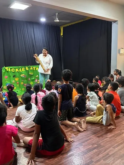 A wide view of my puppet show setup at a summer camp. I can adapt my performance to fit any space, big or small.