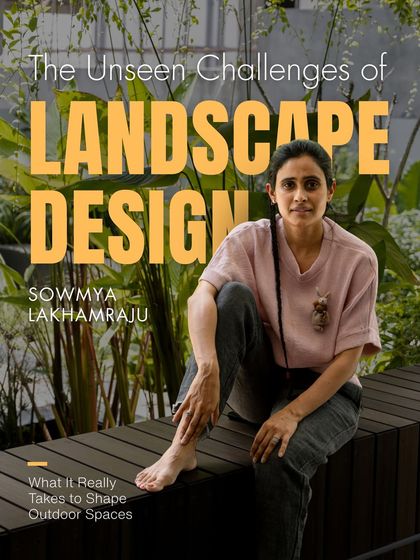 A portrait of me with the title "The Unseen Challenges of Landscape Design." This image introduces the idea that creating beautiful landscapes involves solving complex problems behind the scenes.