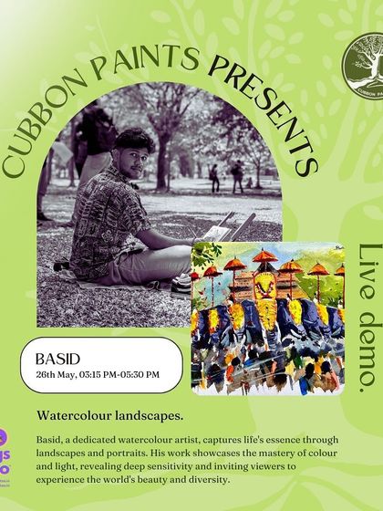 An announcement for my live watercolor demo at the Cubbon Paints first-anniversary event. I was excited to share my love for watercolor landscapes with everyone.