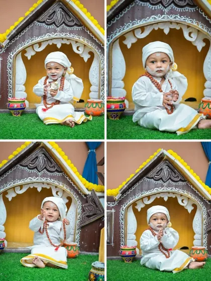 A four-photo collage capturing the many expressions of the baby during his Sai Baba themed shoot. It shows his playful, thoughtful, and serene sides.