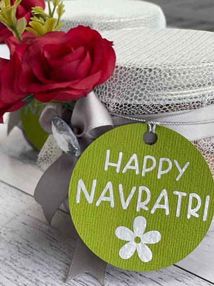 A close-up of our Navratri favour jars, complete with a 'Happy Navratri' tag.