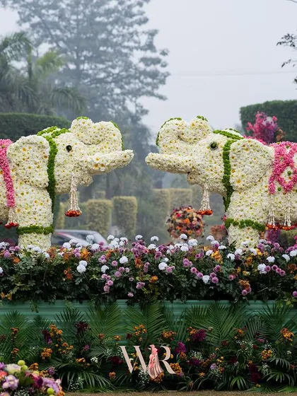 To honor our rich Indian heritage with a touch of modern artistry, I crafted these life-sized floral elephants. Made entirely of fresh white and pink blooms, they stood as majestic symbols of wisdom and good fortune, welcoming guests to the celebration.