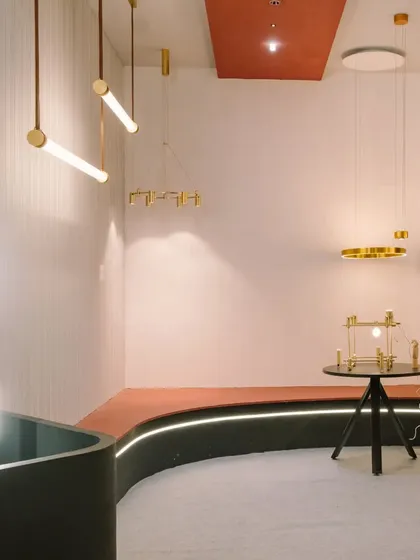 A look back at our exhibition display, featuring a curated collection of our decorative gold-finish fixtures. This corner was designed to feel like a high-end lounge, showcasing our more elegant and artistic pieces.