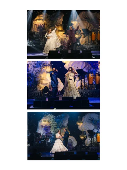 A collage of moments from a spectacular Sangeet performance. The couple's coordinated outfits and dance moves showcase their perfect harmony.
