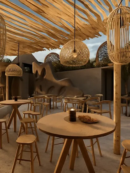 For the 6th Empirica rooftop cafe, I wanted to create a wanderlust-filled escape. The ceiling, crafted from woven bamboo and natural wood branches, creates a canopy that feels both organic and dramatic. This design transports you, making every moment feel special.