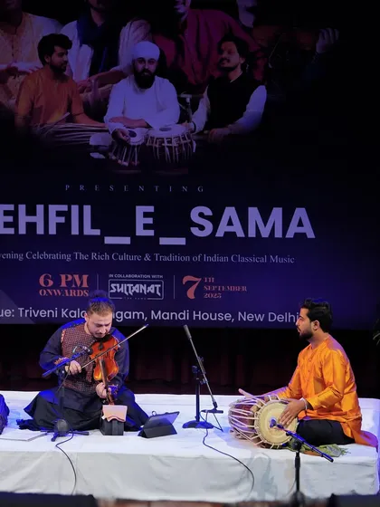 A moment from a 'Jugalbandi' at the Mehfil E Sama, where my Pakhavaj engaged in a musical conversation with a talented violinist. These collaborations are where different musical worlds meet and create something new.