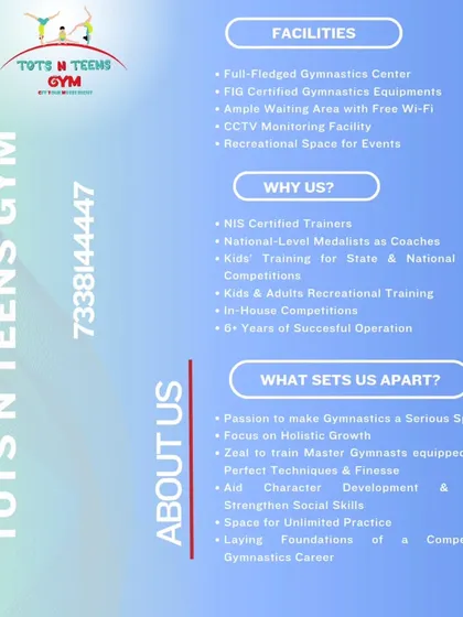 Here’s a quick look at what makes our gym special. We offer a fully equipped facility with FIG certified equipment, training from NIS certified coaches, and a clear focus on holistic growth for both kids and adults.