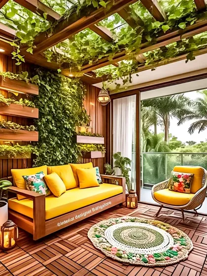 We extend your living space to the outdoors with beautiful balcony designs. This covered balcony acts as a lush green sunroom, featuring a wooden deck, vertical gardens, and comfortable seating for a perfect urban escape.