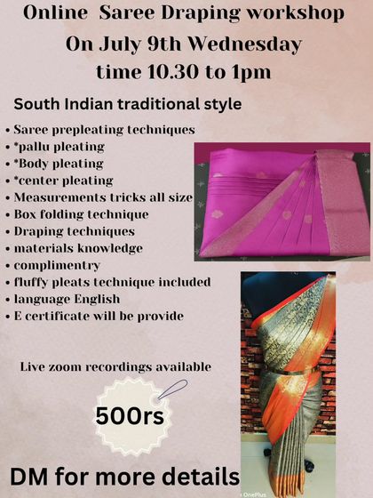 A detailed syllabus for an online workshop, showing the breakdown of saree pre-pleating into pallu, body, and center pleating.