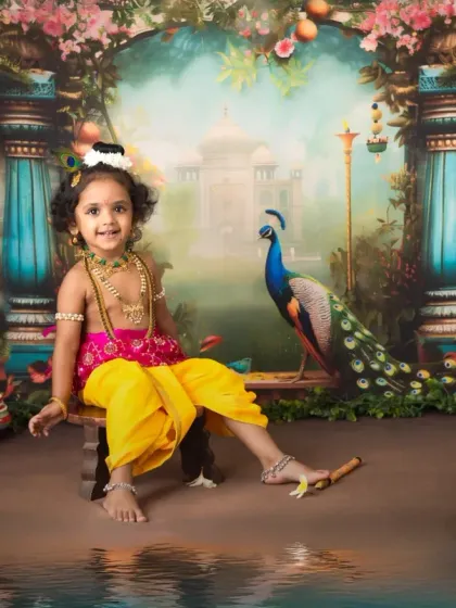 A beautiful portrait of a mother as Yashoda holding her child, dressed as little Krishna. The rich colors of the saree and the backdrop create a regal and warm atmosphere.