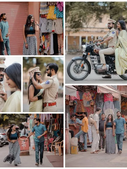 Your pre-wedding shoot should tell your personal story. For this couple, we incorporated the groom's police uniform and motorcycle into their session, creating unique and meaningful photos that celebrate their life and love in the streets of Jaipur.