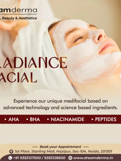 Our Radiance Facial is a unique medifacial based on advanced technology and science-based ingredients like AHA, BHA, Niacinamide, and Peptides. It is formulated to deliver a bright and even-toned complexion.