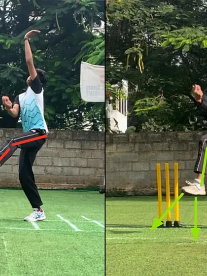 The 'before' shows an excessive front leg extension, which was a symptom of his weight being too far back. The 'after' shows a much stronger and more balanced front leg position.