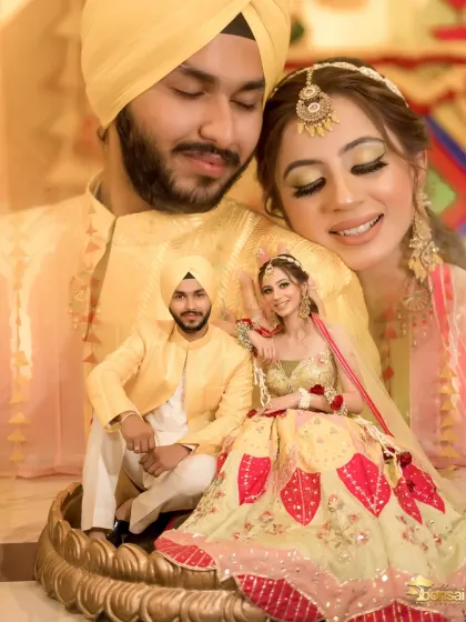A creative collage of the couple's Haldi ceremony, showing both their individual portraits and their moments together.