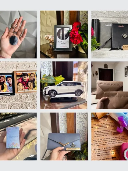 A collage showcasing the wide range of products I offer, from custom frames and gift hampers to personalized wallets and vintage letters.