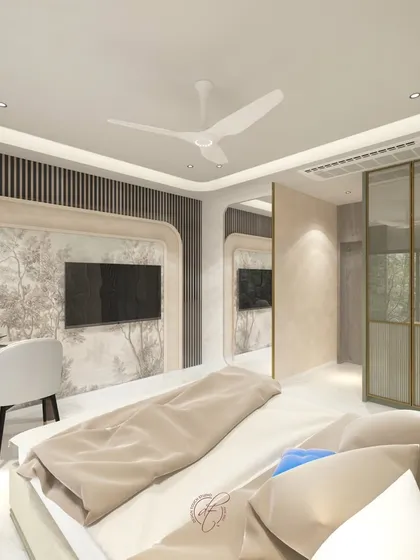 A close-up of the TV and study area, showing the detailed wallpaper and the sleek, modern furniture we select for our projects.