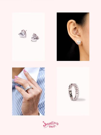 Everyday moments deserve everyday sparkle. This image shows our heart studs and a sparkling eternity ring.