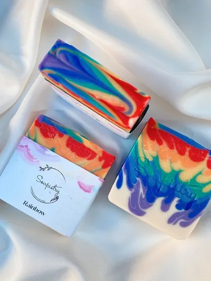 This is my Rainbow soap, made with creamy coconut milk for an extra moisturizing lather. It has uplifting notes of apple and jasmine to brighten your day.