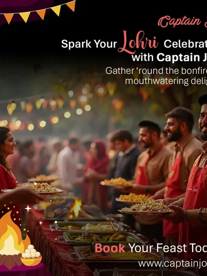 Spark your Lohri celebration with mouthwatering delights. This image captures the essence of a Lohri night, with guests gathering around a bonfire and enjoying a warm, festive buffet that I can provide for your event.