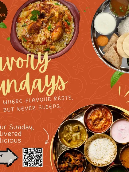 Savory Sundays, where flavor rests but never sleeps. This collage of thalis and biryani is your Sunday, delivered delicious.