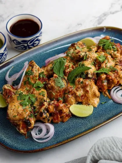 A platter of creamy chicken malai tikka, garnished with lime and onions, shot for a festive Iftaar menu.