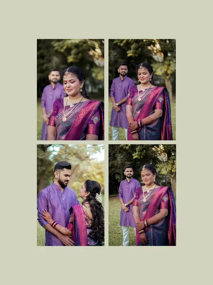 A beautiful collage of outdoor engagement portraits, with the couple dressed in matching shades of purple, capturing both posed and candid moments.