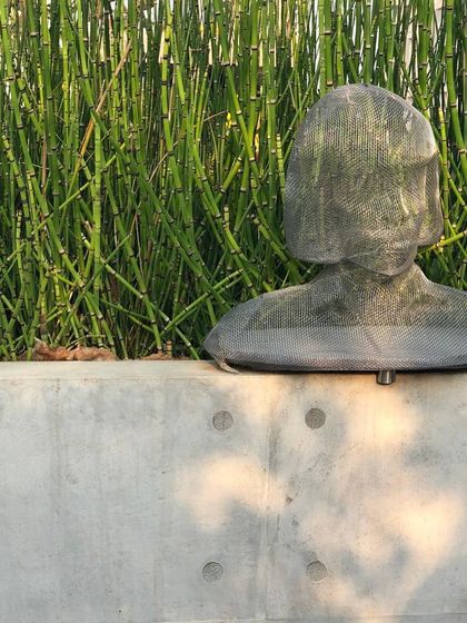 A wider view of the metal mesh sculpture, showing it placed on a concrete planter. The play of sunlight and shadow on the concrete wall adds another layer of texture to the composition.
