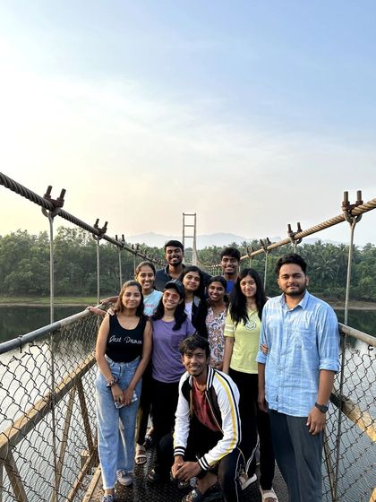 A group photo on the suspension bridge over the Sharavathi river.