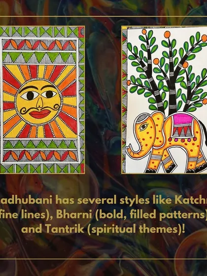 Madhubani art has several styles, including Katchni (fine lines) and Bharni (bold, filled patterns). This image shows examples of both.