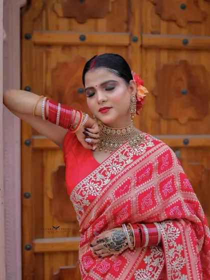 A serene portrait with the model leaning against the door, her eyes closed.