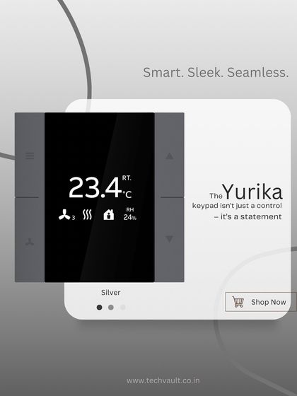 The Yurika keypad shown here in a sleek Silver finish. This option provides a sophisticated, modern look while delivering precise control over your room's temperature and fan settings.