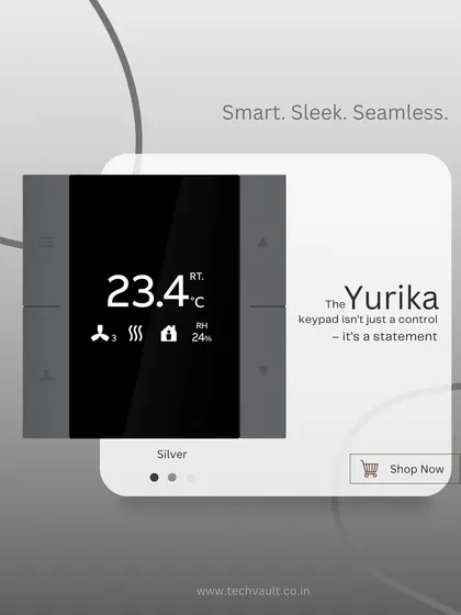The Yurika keypad shown here in a sleek Silver finish. This option provides a sophisticated, modern look while delivering precise control over your room's temperature and fan settings.