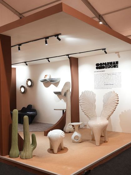 The last day of the India Design Mumbai show, featuring our Nature's Alchemy Collection. This wide shot shows our full exhibition booth, a curated space designed to feel like a small gallery of functional art.