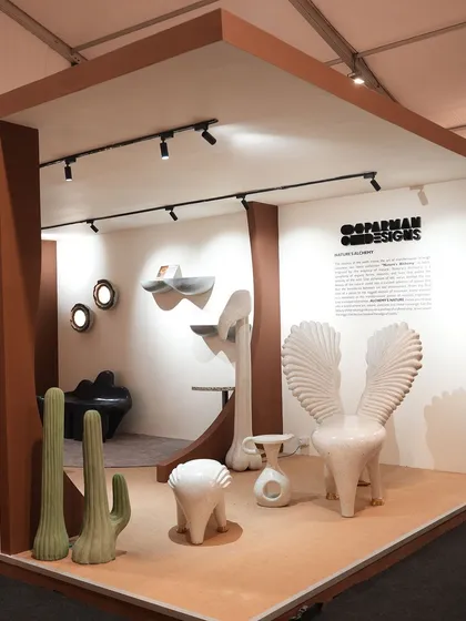 Scenes from our Nature's Alchemy Collection exhibit at India Design Mumbai. Showcasing our sculptural art pieces, including the winged Pakhru chair, the dark Coral bench, and whimsical cactus sculptures.