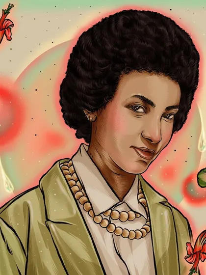 A portrait of the talented Esperanza Spalding for Bandcamp Weekly, surrounded by surreal, floating flora that hints at the organic nature of her music.