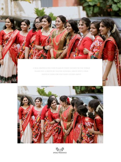 A collage of the bride with her bridesmaids, all dressed in beautiful matching red and white sarees.