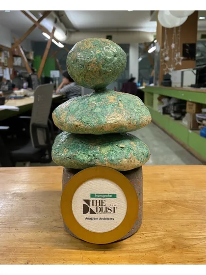 The unique, stone-cairn inspired trophy for the 2024 D-List from GoodHomes Magazine, pictured in our studio.