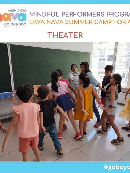 A group of children participates in a theater game, learning to express themselves and collaborate. Theater is a vital part of my Mindful Performers Program, building confidence and communication skills.