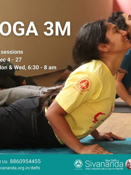 Our Yoga 3M course is for students who have completed the Yoga Foundations course and wish to continue in a structured learning environment. Here, students are practicing Bhujangasana (Cobra Pose).