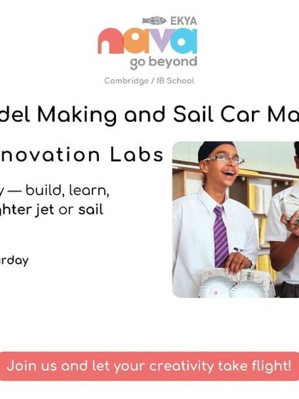 A promotional graphic for the Fighter Jet and Sail Car Making Workshop. It details the hands-on experience where children can build, learn about design principles, and take home their own masterpiece.