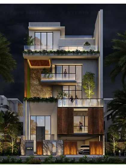 A daytime view of the Pitampura residence. This render shows the material palette clearly, contrasting the warm, rusted metal with cool grey concrete and a living green wall.